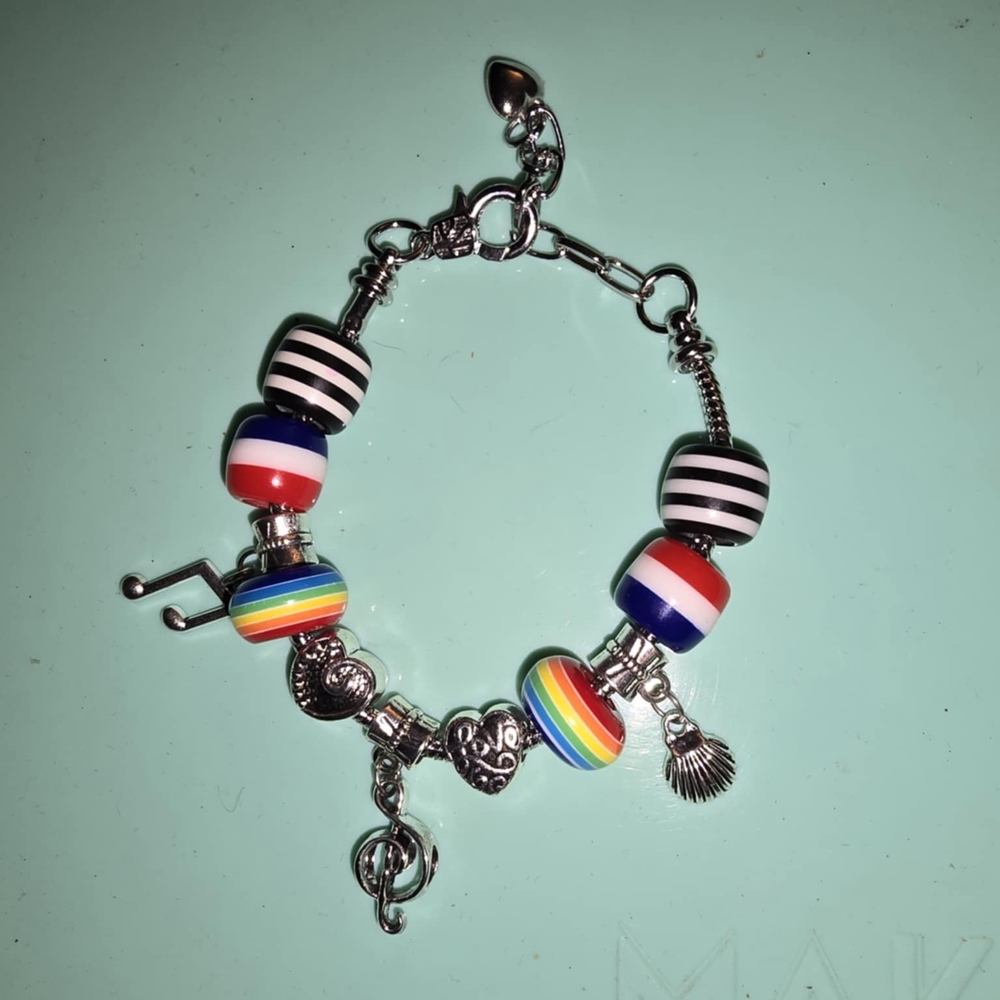 Colorful Charm Bracelet with Striped Beads